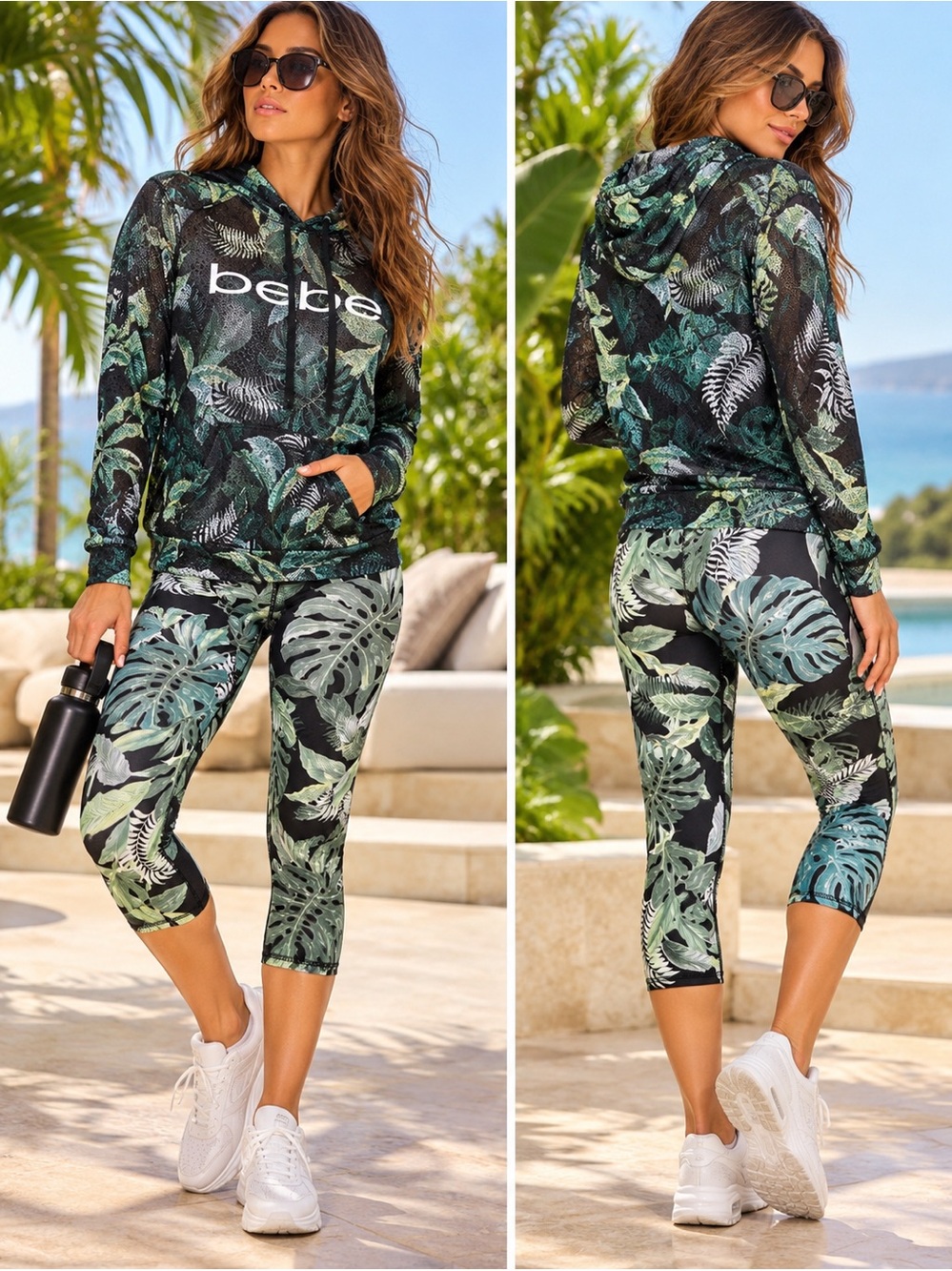 Bebe Sport Tropical Leaf Mesh Hoodie Capri Leggings Set XL NWT Y2K Activewear